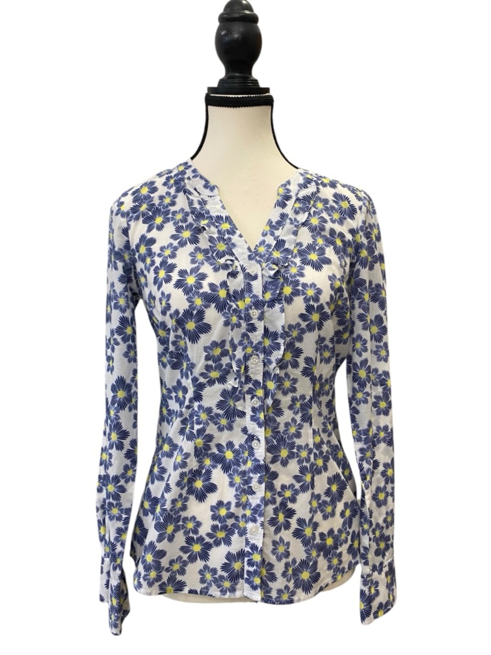 Jacob White Button-Down Top with Blue Floral Print and Yellow Accents Size XS